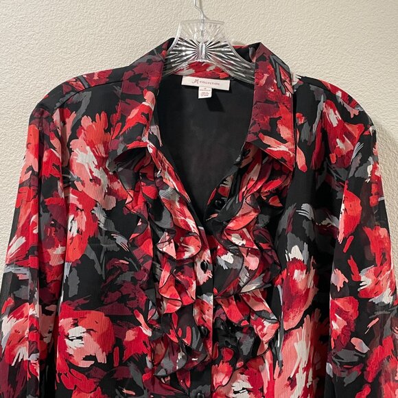 NWT JM COLLECTIONS "Savoir Faire" Ruffle Front Blouse Red/Black Floral Women 16 - Picture 7 of 11